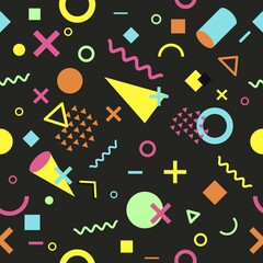 Poster - Vector seamless pattern with multicolor geometric shapes on dark background. Retro vintage abstract art print. Fashion 80s-90s. Memphis style design. Wallpaper, cloth design, fabric, paper, textile