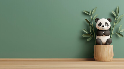 Poster - playful panda figurine sitting in bamboo pot against green wall, creating cheerful and serene atmosphere. Perfect for home decor or children room