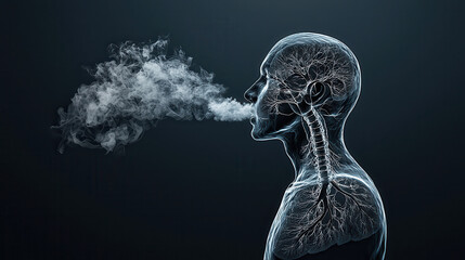 Poster - Human silhouette exhaling smoke, showcasing lungs and respiratory system. image illustrates intricate connection between breathing and health, evoking sense of contemplation