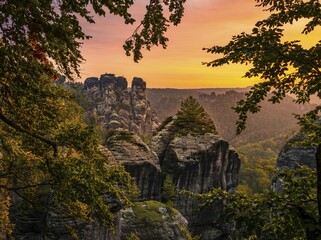 Wall Mural - Schrammsteine around the Bastei at sunrise, Elbe Sandstone Mountains, Rathen, National Park Saxon Switzerland, Saxony, Germany, Europe