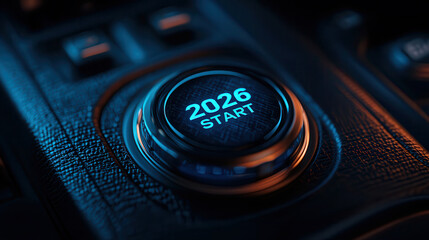 Poster - sleek and modern car engine start button featuring text 2026 START illuminated in blue. design showcases futuristic aesthetic with textured surface