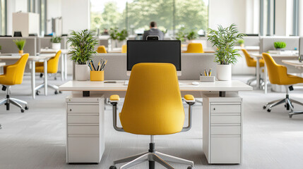 Aufkleber - modern office space featuring sleek design with yellow chairs, plants, and computer setup. bright environment promotes focus and productivity