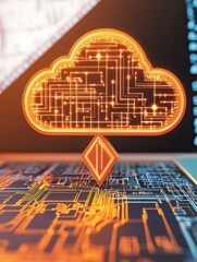 Poster - Cloud and internet information storage concept with digital cloud icon with arrow up with microcircuit lines on laptop background