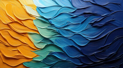 Fototapete - Visually striking abstract artwork featuring vibrant waves of color blending from yellow to blue, creating dynamic and textured composition