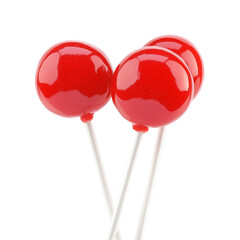 Aufkleber - A close-up shot of three shiny red lollipops on white sticks against a black background.