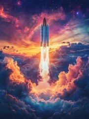 Wall Mural - Rocket launch at night with colorful nebulae in the sky