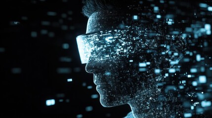 Poster - future technology, augmented reality and cyberspace concept - man in vr glasses under white illumination with virtual screens projection over black background
