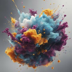 Poster - Colorful abstract explosion with dynamic blue, orange, and purple colors against a gray background, AI generated