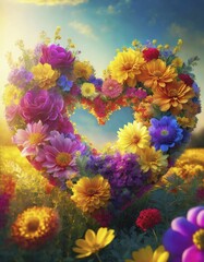 Poster - Heart symbol wreath made of colorful flowers blooming on a summer meadow at sunrise. Love concept romantic background for Valentines day, AI generated