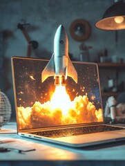 Poster - Creative workspace with rocket launch on laptop screen Generative AI image