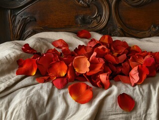 Wall Mural - A scattering of vibrant red rose petals lies gracefully on a soft, textured bedspread, creating a romantic and inviting atmosphere.