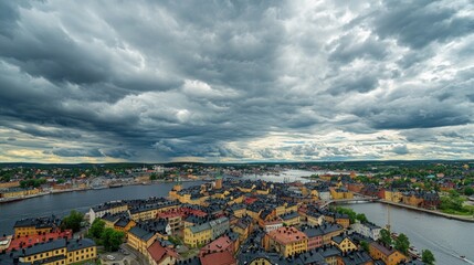 Canvas Print - A cityscape with a river flowing through the foreground, suitable for travel or urban planning illustrations