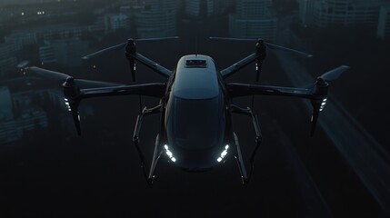 Wall Mural - Futuristic Black Drone Flying Over Cityscape At Dusk