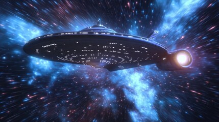 Wall Mural - Starship Traveling Through Warp Speed In Space