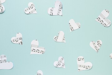 Poster - Flat lay paper hearts blue background