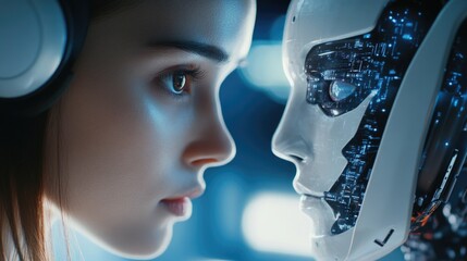 Poster - a person wearing headphones and standing next to a robot, perfect for technology or innovation theme