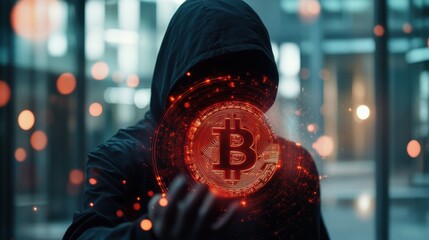 Poster - Hacker with creative glowing global bitcoin hologram on blurry office interior background. Hacking, blockchain and crypto concept. Double exposure
