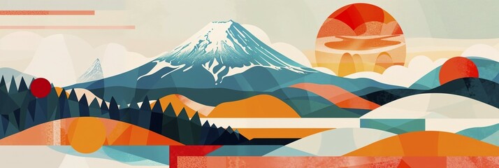 Poster - A peaceful image of the landscape with the majestic Mount Fuji in the distance, framed by geometric designs and abstract shapes inspired by Japanese cultural symbols, representing a balanced combination of nature and human art, Japan, AI generated, AI generated, Asia