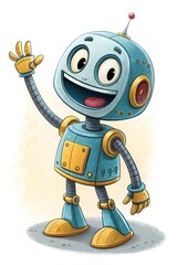 Poster - Robot Character Waving with a Friendly Expression on a White Background