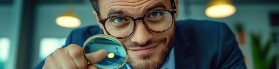 Poster - A person using a magnifying glass for close-up inspection, potentially in a scientific or detective setting