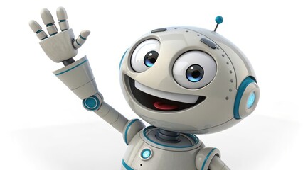 Poster - Robot Character Waving with a Friendly Expression on a White Background