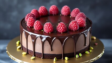 Chocolate cake adorned with fresh raspberries on top