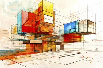 Poster - Geometric abstract cubist painting of colorful transparent architectural structures, Bio architecture, Watercolor Aesthetics, AI generated