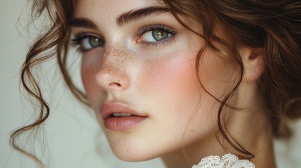 Aufkleber - A young girl with wavy hair gazes softly, showcasing her natural beauty. Her clear skin, bright eyes, and faint freckles capture the essence of youthful elegance, illuminated by gentle light