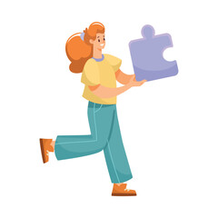 Aufkleber - Woman Team Member Character Hold Jigsaw Puzzle Vector Illustration