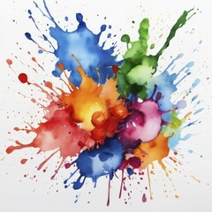 Poster - Vibrant watercolor splashes of various colors on a white background, creating a dynamic abstract composition, AI generated