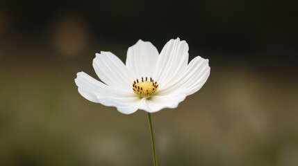 close-up of a single white cosmos flower against a blurred background.