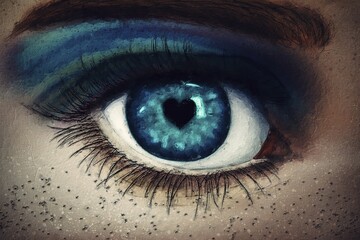 Poster - Beautiful painting of human eye closeup with heart shaped pupil and fancy make up with marvelous blue shades. Fine art with abstract textures