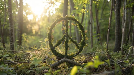 Poster - A peace sign made of vines and greenery in a forest.