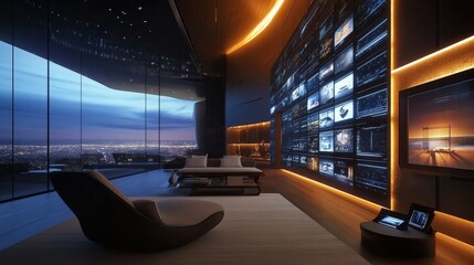 Poster - futuristic smart home with automated lighting, sleek design, and a large digital display wall