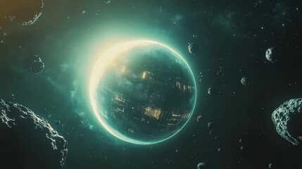 Wall Mural - futuristic space station orbiting a glowing planet, surrounded by asteroids and distant stars