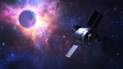 Wall Mural - futuristic spacecraft gliding through a starry expanse, heading toward an unknown planet glowing fai