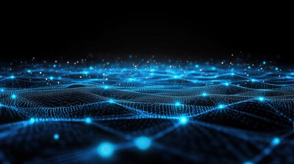 Poster - futuristic technology background with glowing blue circuits and data streams across a black surface.