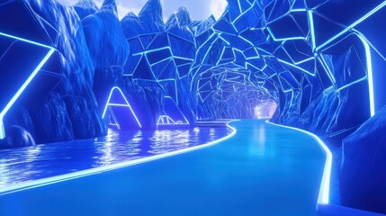 Poster - glowing lines and geometric shapes in vibrant blue tones