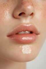 Wall Mural - A detailed close-up image showcasing glossy lips and freckles, highlighting natural beauty and skincare features.