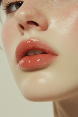 Wall Mural - Close-up of glossy, luscious lips and natural freckles on skin, highlighting beauty and skincare detail captured in soft lighting.