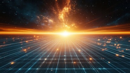 Poster - a glowing grid stretching into the horizon, surrounded by futuristic light effects