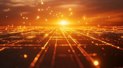 Poster - a glowing grid stretching into the horizon, surrounded by futuristic light effects