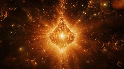 Poster - a glowing space beacon floating in the cosmos, casting radiant beams of light in all directions.