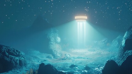 Poster - a glowing space beacon floating in the cosmos, casting radiant beams of light in all directions.