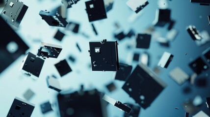 Poster - Abstract floating blue cubes in digital space. Digital art for design and print. Digital artwork of 3D rendering black cube floating in the gradient blue and white background. Technology. AIG53.