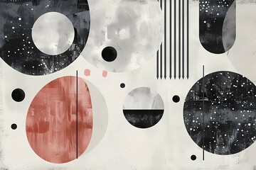 Poster - an abstract composition with polka dots and geometric elements in red, black, and white, illustratio