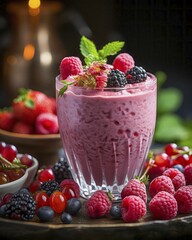 Wall Mural - Fresh fruit shake in a glass, milkshake, smoothie, wild berry, raspberry, blueberry, blueberry, strawberry, blackberry, currant, mint, wellness drink, dessert, dessert, AI generated