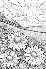 Canvas Print - Black and White Floral Landscape Illustration . Children coloring page