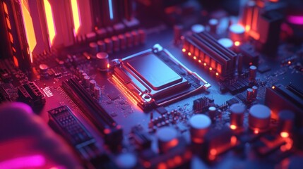 Poster - Neon Glow: Close-Up of Computer Motherboard Components