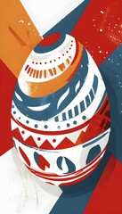 Poster - illustration of an abstract easter egg design with geometric patterns, bold colors, and a mix of tex